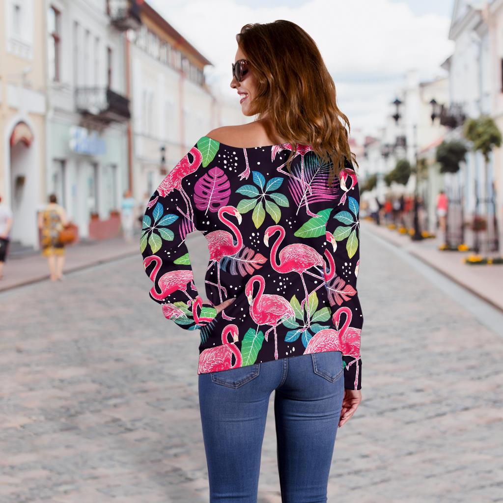 Flamingo Tropical Leaves Neon Print Off Shoulder Sweatshirt