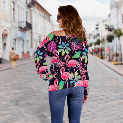Flamingo Tropical Leaves Neon Print Off Shoulder Sweatshirt