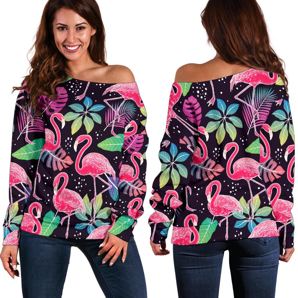 Flamingo Tropical Leaves Neon Print Off Shoulder Sweatshirt