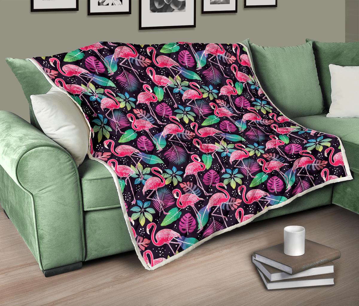Flamingo Tropical leaves Neon Print Premium Quilt-JTAMIGO.COM
