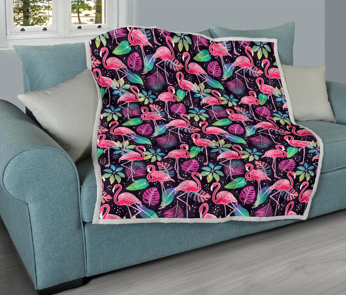 Flamingo Tropical leaves Neon Print Premium Quilt-JTAMIGO.COM