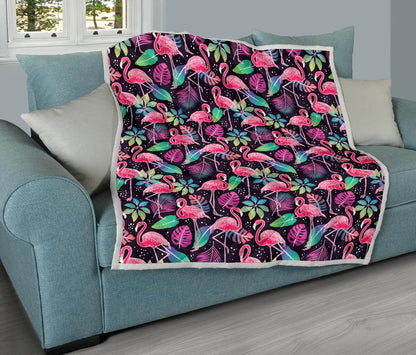 Flamingo Tropical leaves Neon Print Premium Quilt-JTAMIGO.COM