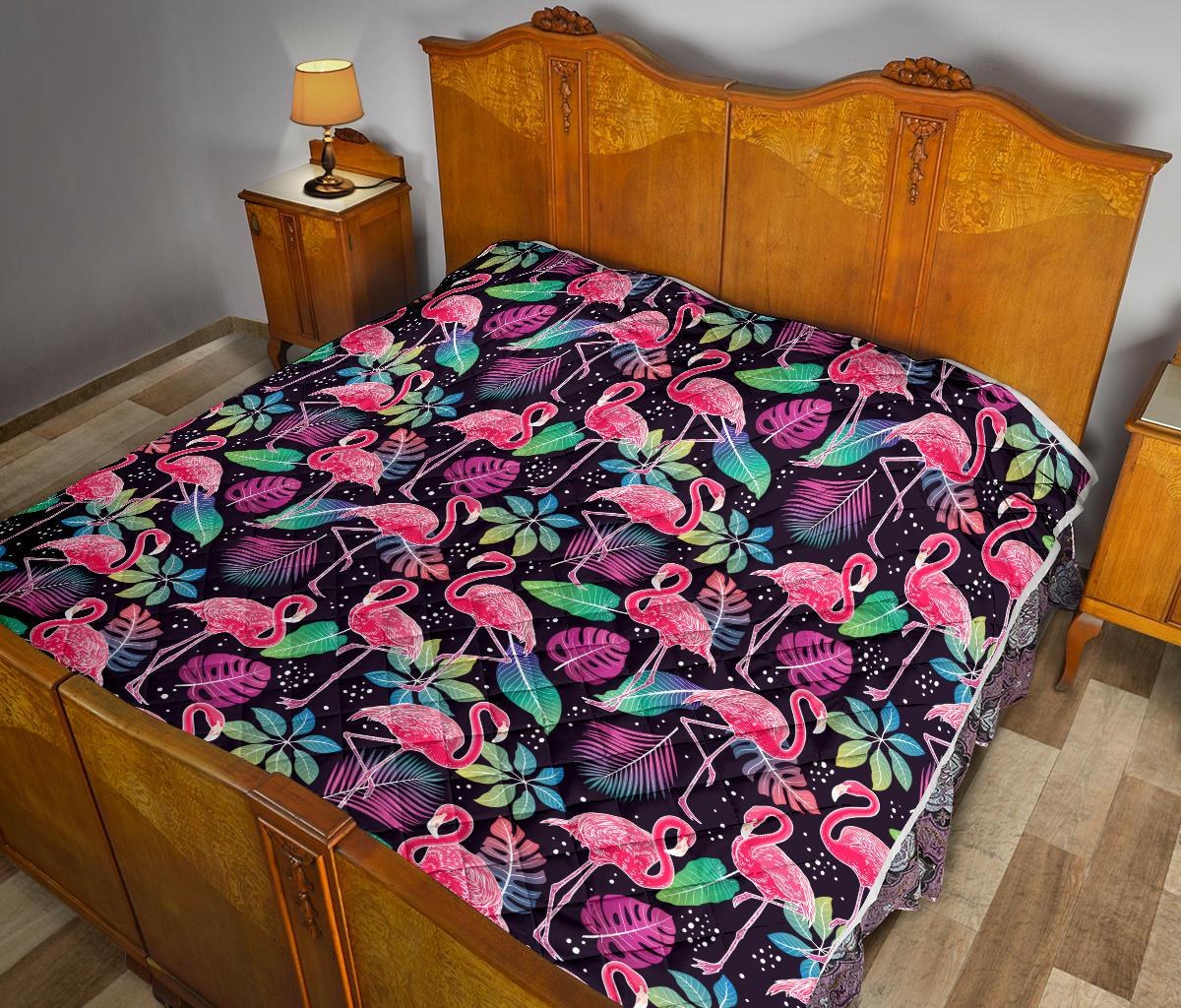 Flamingo Tropical leaves Neon Print Premium Quilt-JTAMIGO.COM