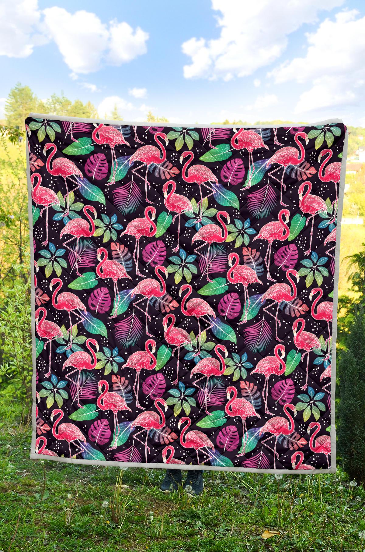 Flamingo Tropical leaves Neon Print Premium Quilt-JTAMIGO.COM