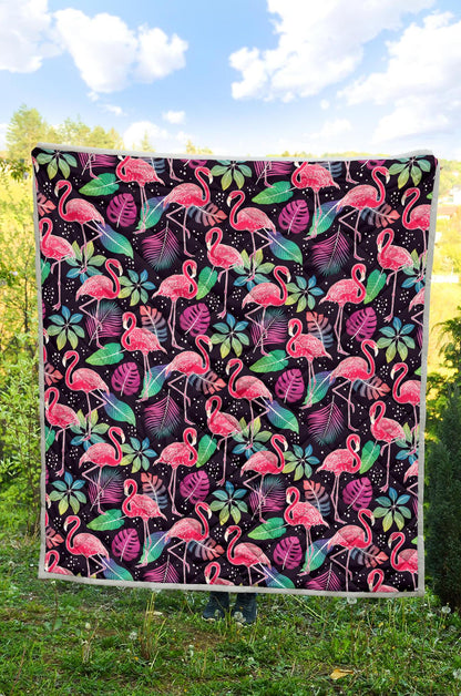 Flamingo Tropical leaves Neon Print Premium Quilt-JTAMIGO.COM
