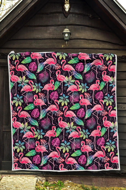 Flamingo Tropical leaves Neon Print Premium Quilt-JTAMIGO.COM