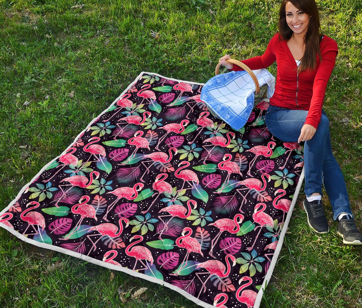 Flamingo Tropical leaves Neon Print Premium Quilt-JTAMIGO.COM