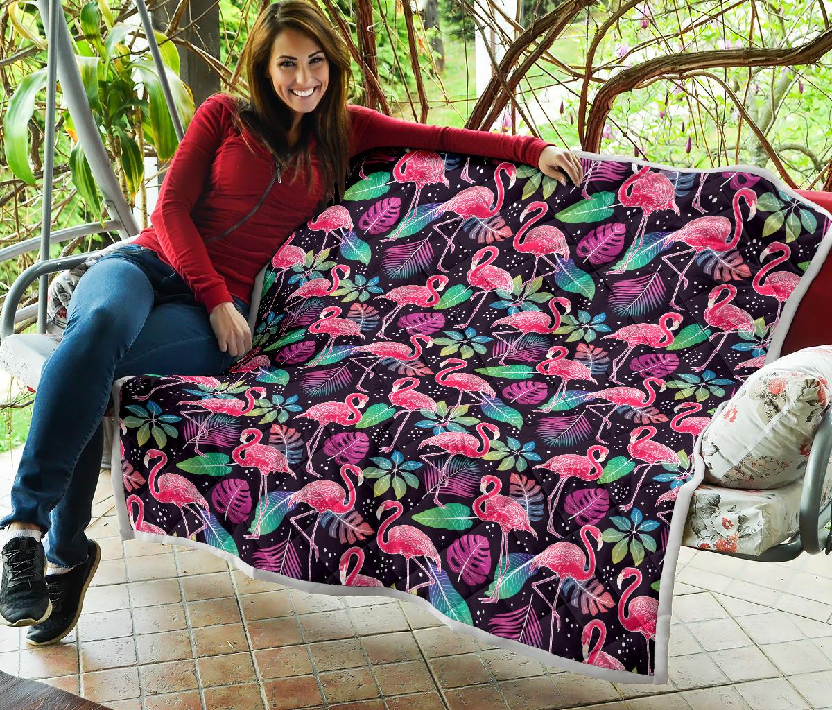 Flamingo Tropical leaves Neon Print Premium Quilt-JTAMIGO.COM