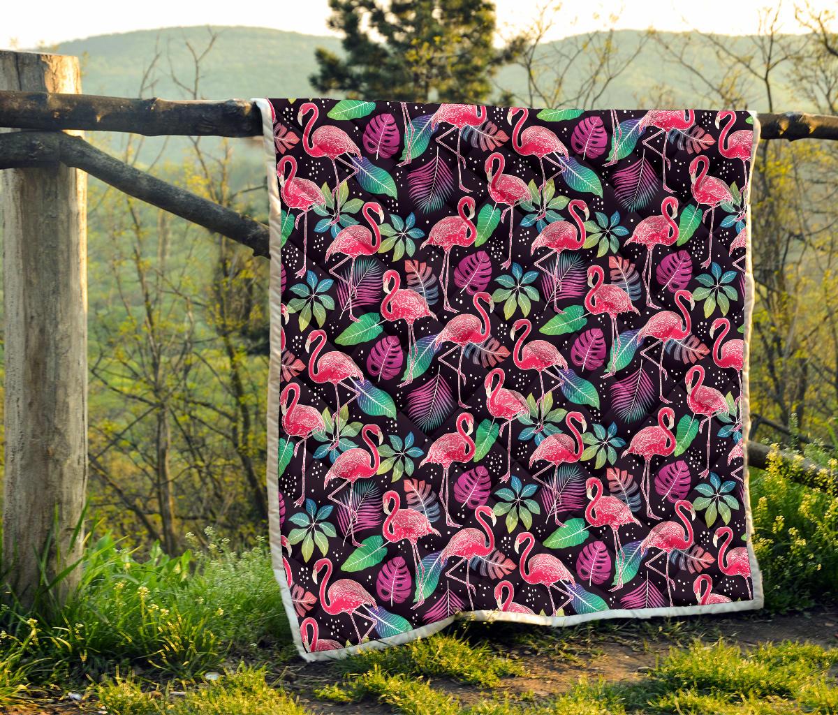 Flamingo Tropical leaves Neon Print Premium Quilt-JTAMIGO.COM