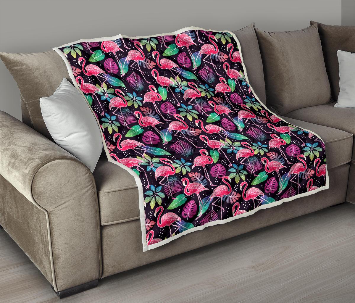 Flamingo Tropical leaves Neon Print Premium Quilt-JTAMIGO.COM