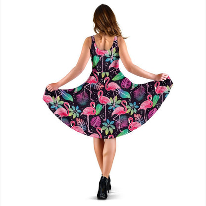 Flamingo Tropical leaves Neon Print Sleeveless Dress