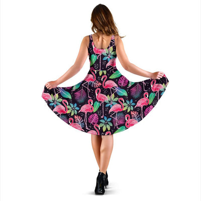 Flamingo Tropical leaves Neon Print Sleeveless Dress