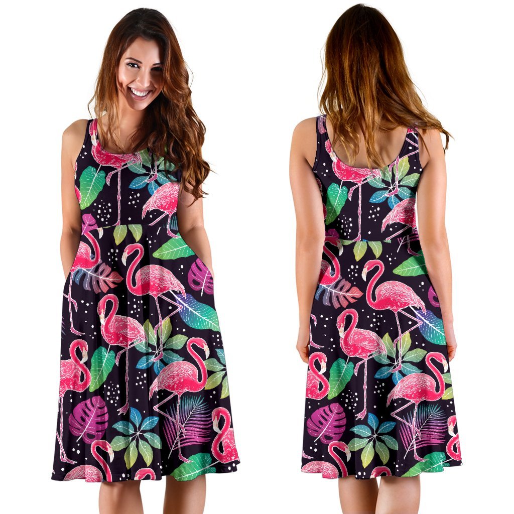 Flamingo Tropical leaves Neon Print Sleeveless Dress