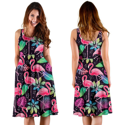 Flamingo Tropical leaves Neon Print Sleeveless Dress