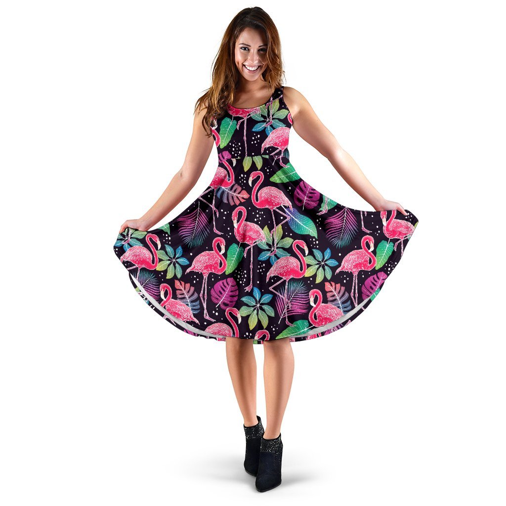 Flamingo Tropical leaves Neon Print Sleeveless Dress