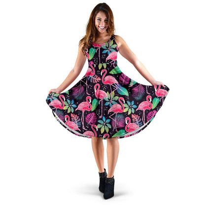 Flamingo Tropical leaves Neon Print Sleeveless Dress