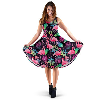 Flamingo Tropical leaves Neon Print Sleeveless Dress