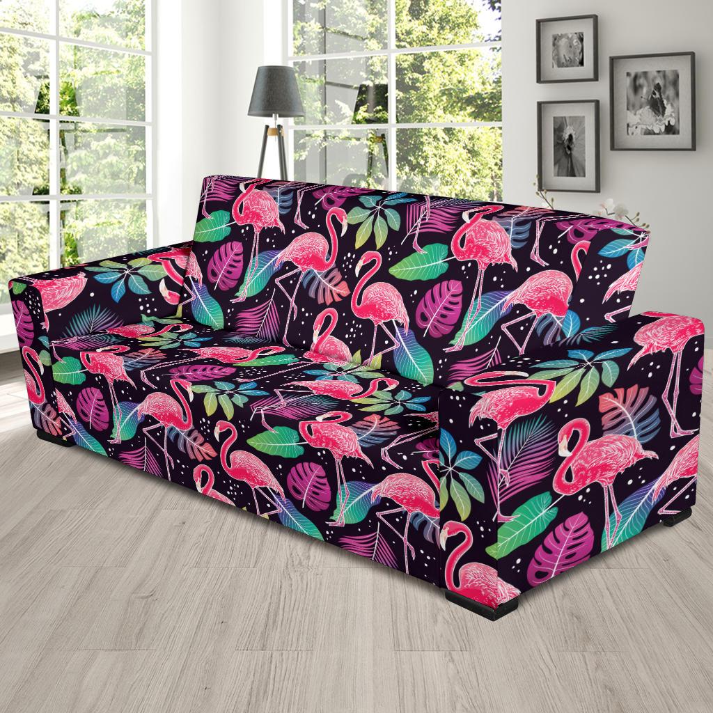 Flamingo Tropical leaves Neon Print Sofa Slipcover-JTAMIGO.COM