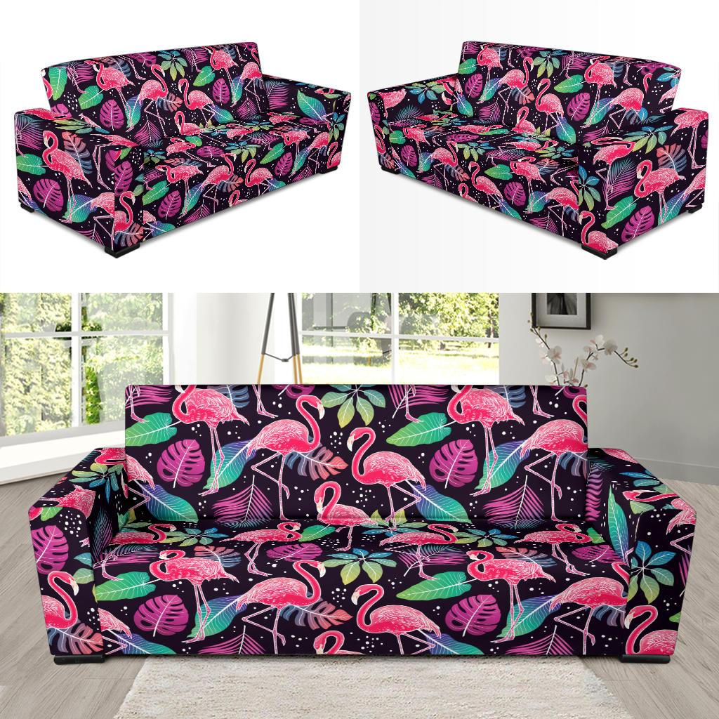 Flamingo Tropical leaves Neon Print Sofa Slipcover-JTAMIGO.COM