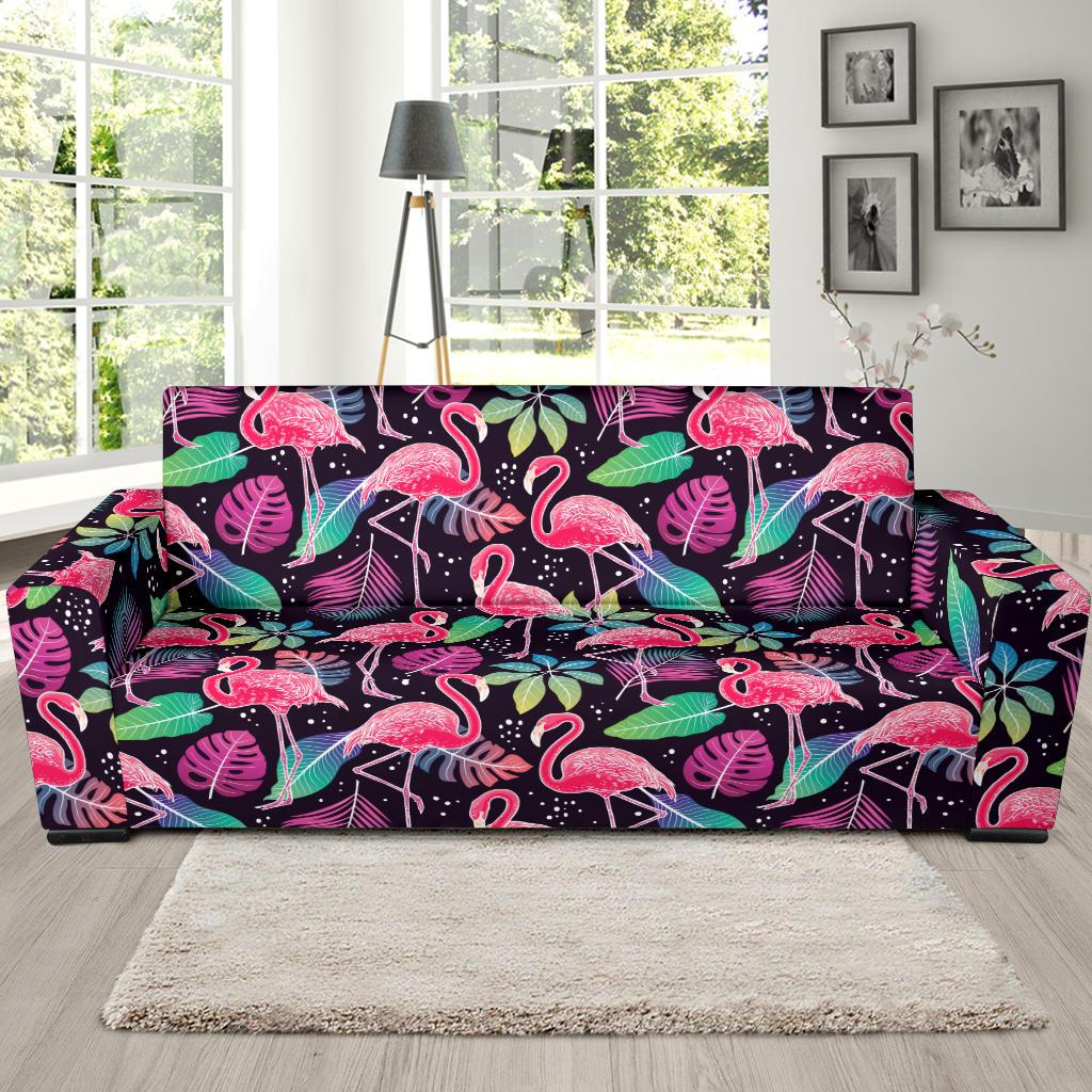 Flamingo Tropical leaves Neon Print Sofa Slipcover-JTAMIGO.COM
