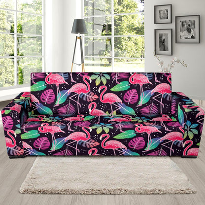 Flamingo Tropical leaves Neon Print Sofa Slipcover-JTAMIGO.COM