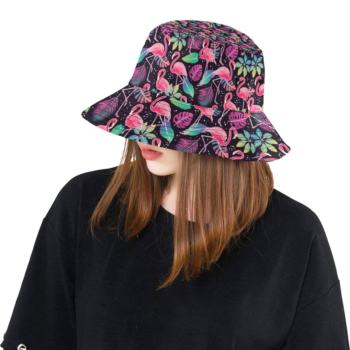 Flamingo Tropical leaves Neon Print Unisex Bucket Hat