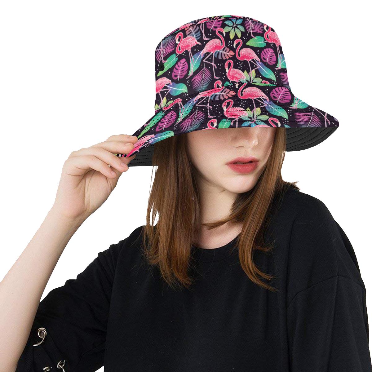 Flamingo Tropical leaves Neon Print Unisex Bucket Hat