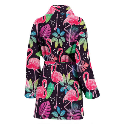 Flamingo Tropical leaves Neon Print Women Bath Robe-JTAMIGO.COM
