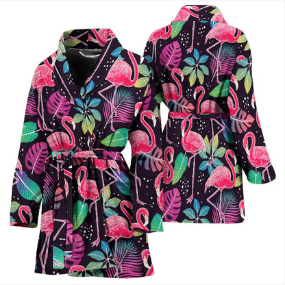 Flamingo Tropical leaves Neon Print Women Bath Robe-JTAMIGO.COM
