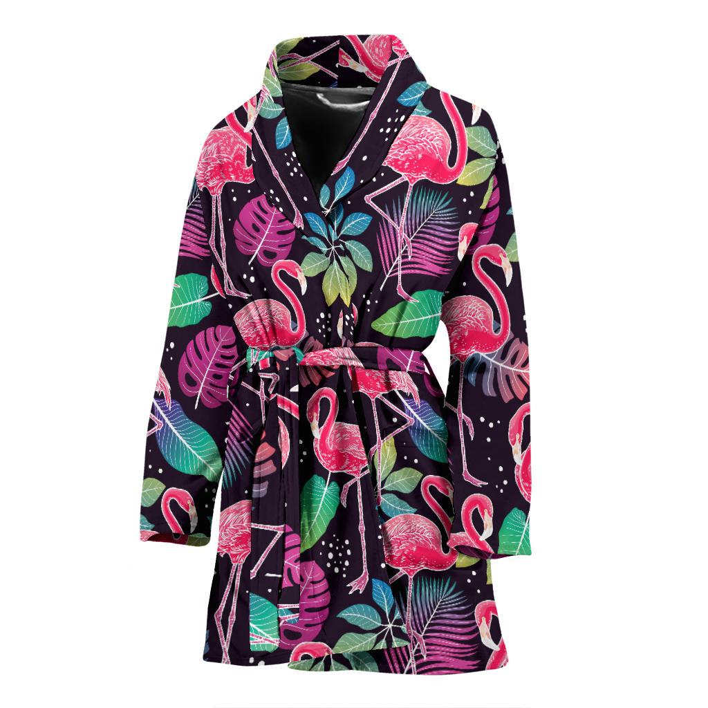 Flamingo Tropical leaves Neon Print Women Bath Robe-JTAMIGO.COM
