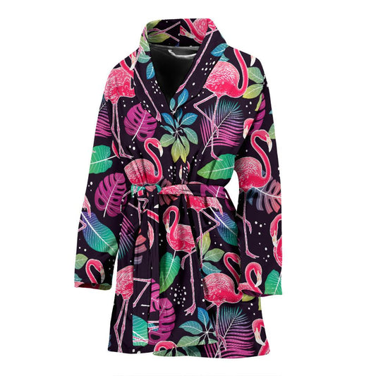 Flamingo Tropical leaves Neon Print Women Bath Robe-JTAMIGO.COM