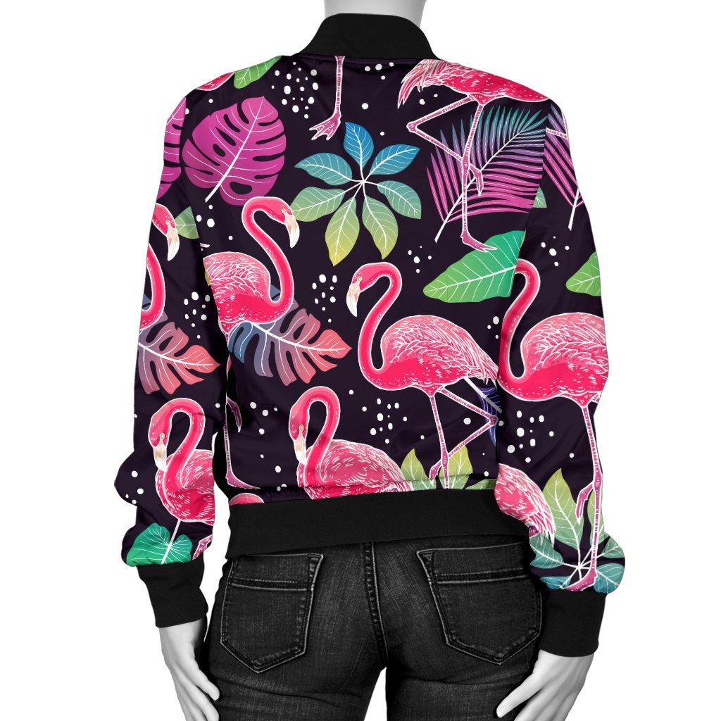 Flamingo Tropical Leaves Neon Print Women Casual Bomber Jacket