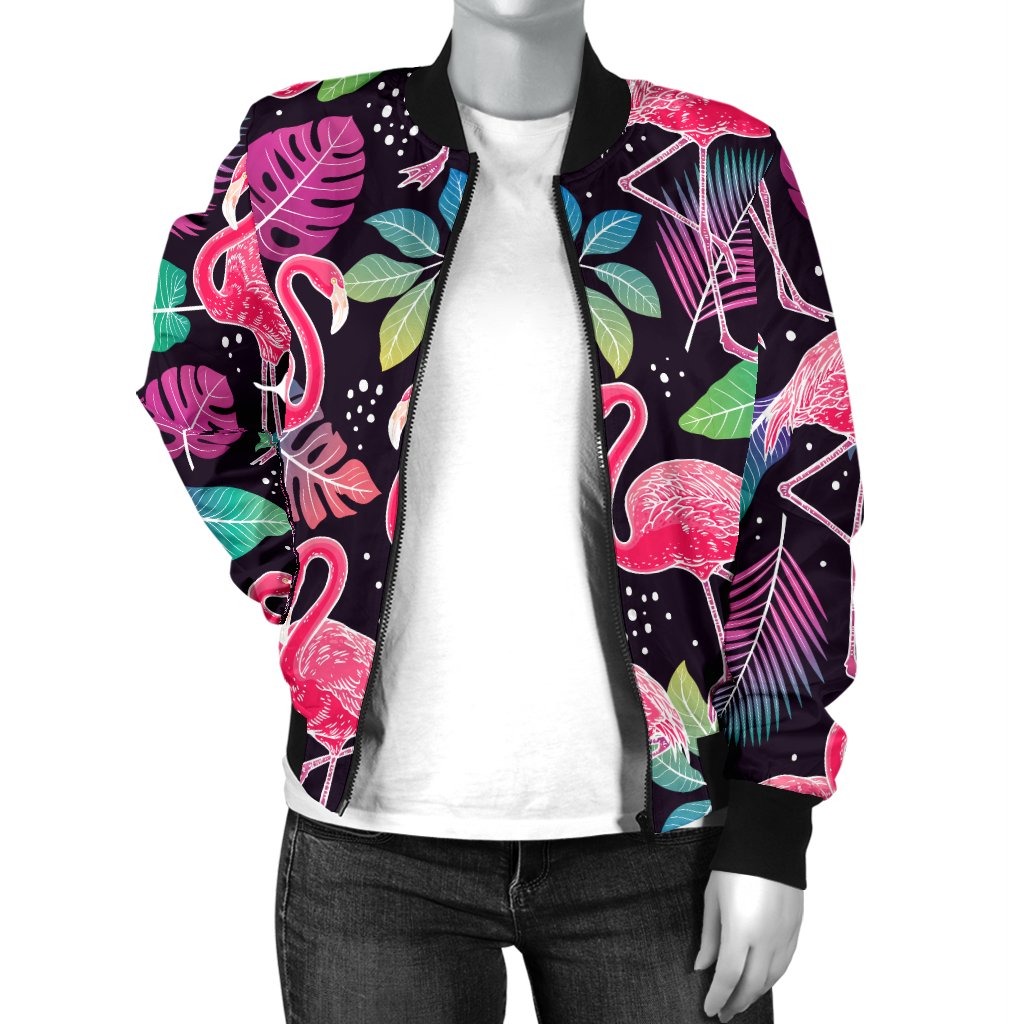 Flamingo Tropical Leaves Neon Print Women Casual Bomber Jacket