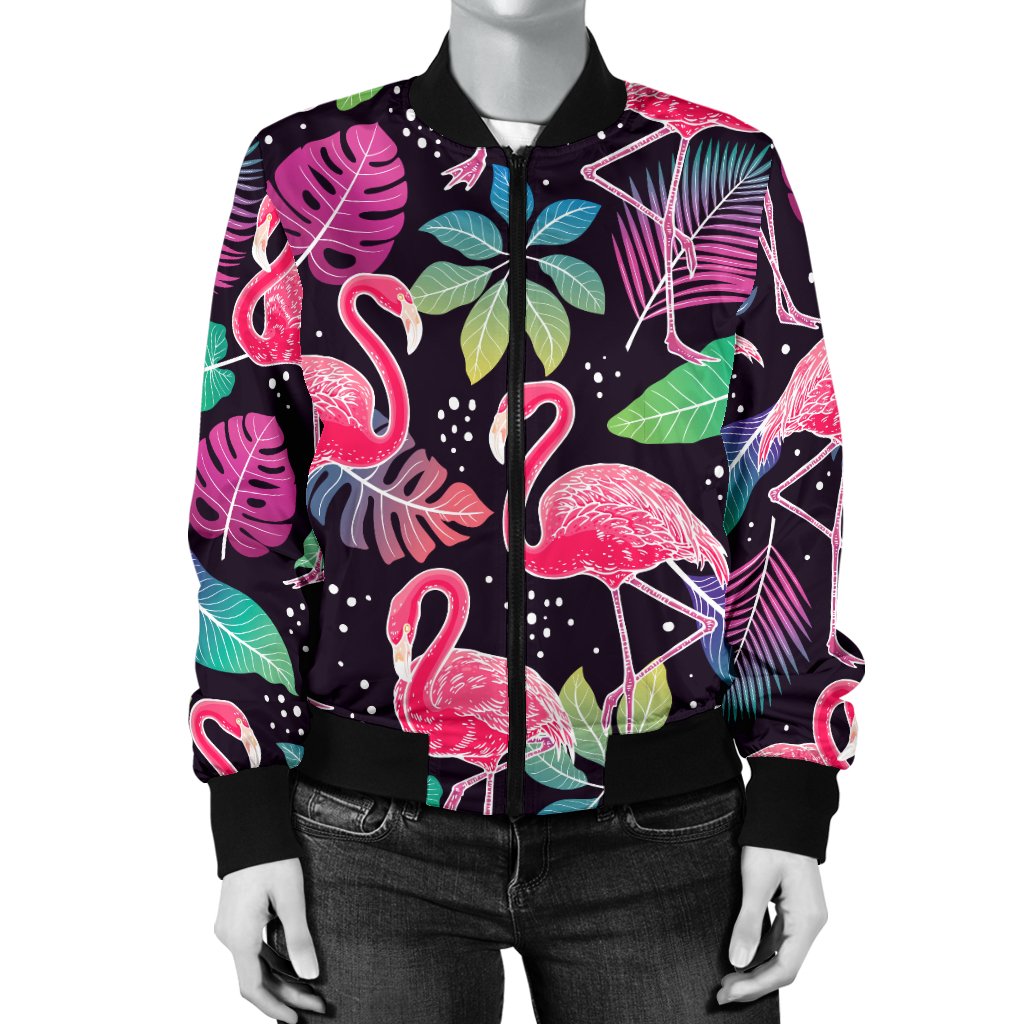Flamingo Tropical Leaves Neon Print Women Casual Bomber Jacket