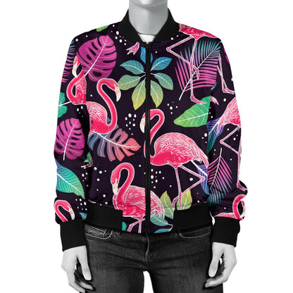 Flamingo Tropical Leaves Neon Print Women Casual Bomber Jacket