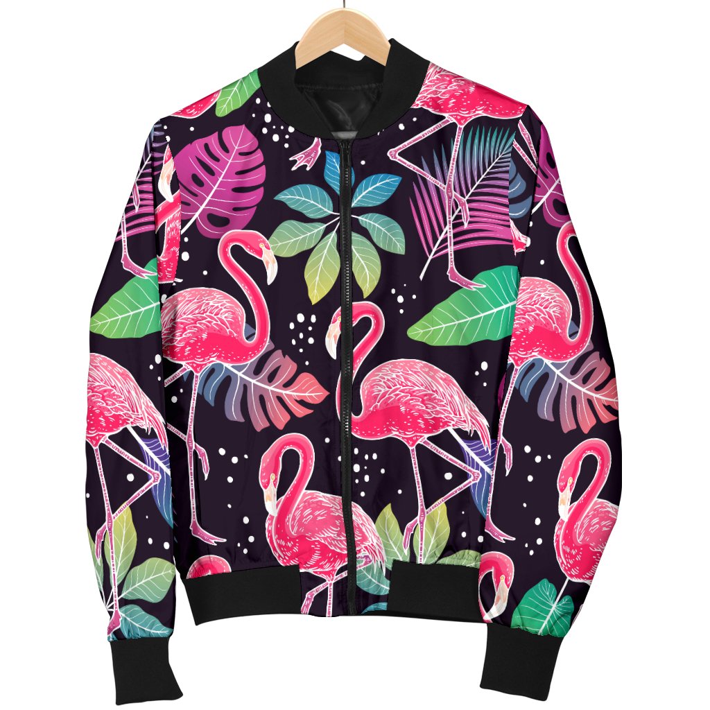 Flamingo Tropical Leaves Neon Print Women Casual Bomber Jacket