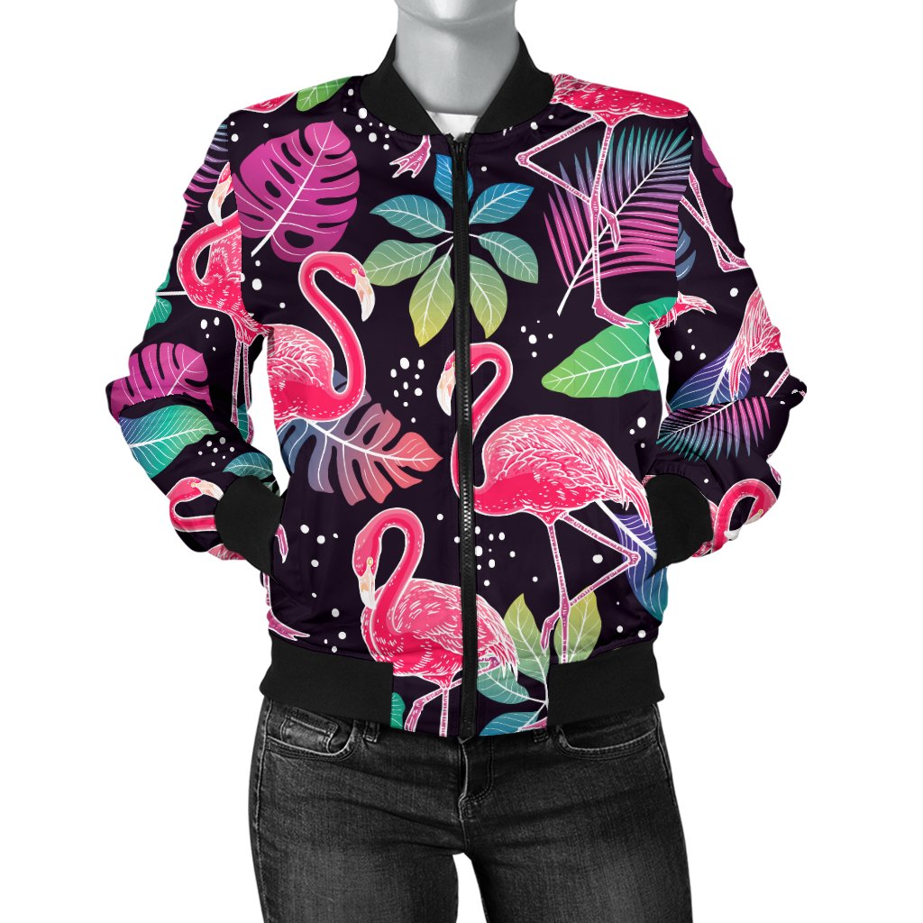 Flamingo Tropical Leaves Neon Print Women Casual Bomber Jacket