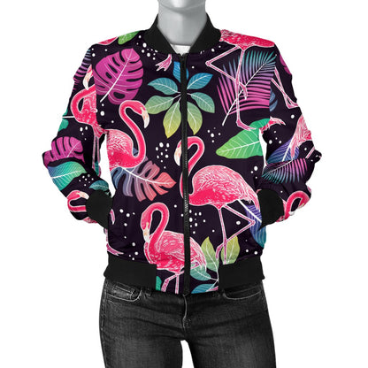 Flamingo Tropical Leaves Neon Print Women Casual Bomber Jacket