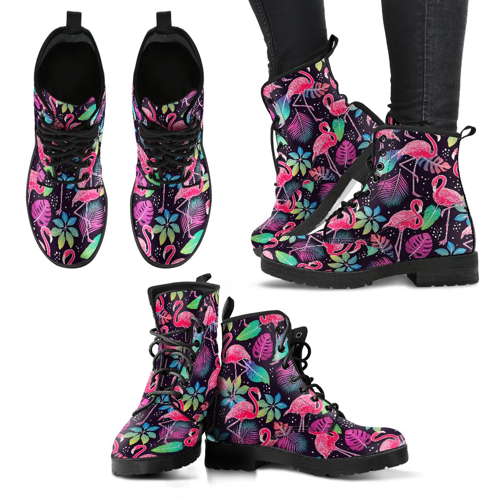 Flamingo Tropical leaves Neon Print Women Leather Boots-JTAMIGO.COM