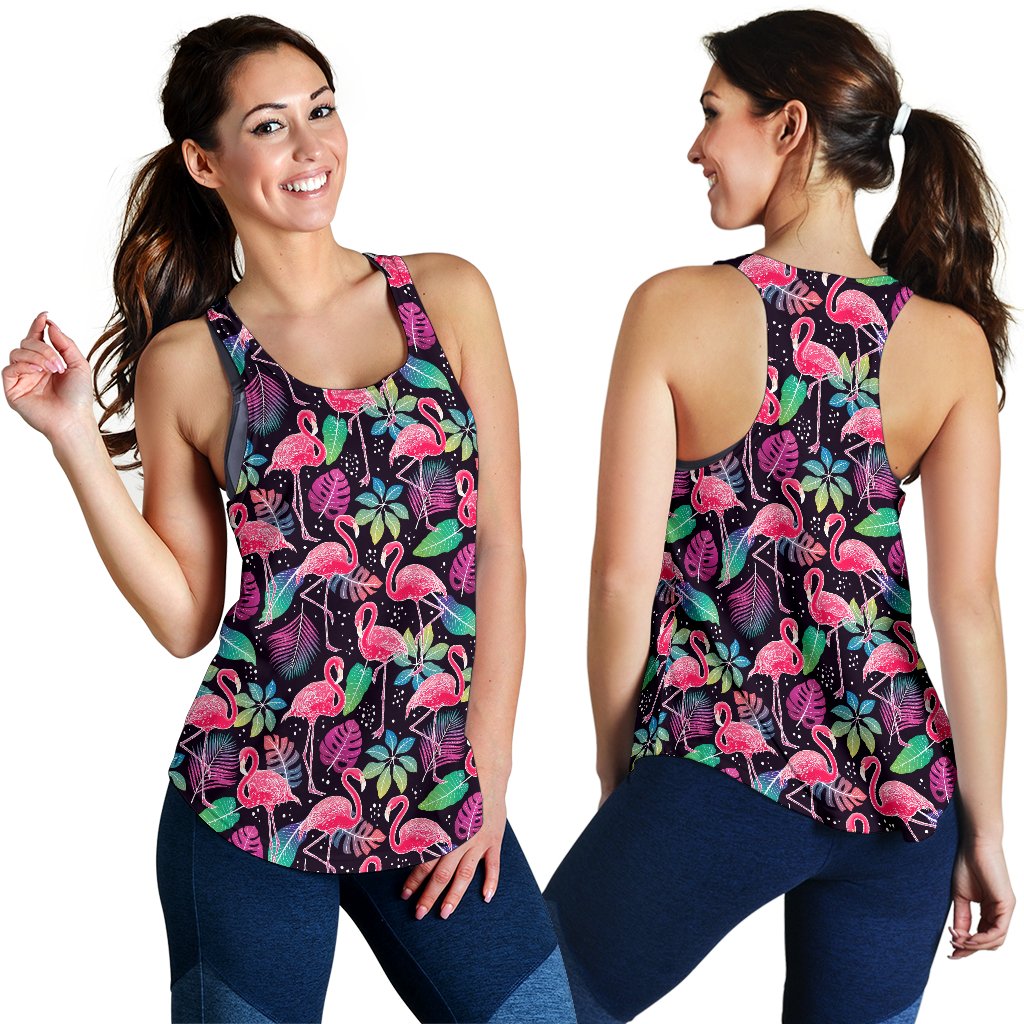Flamingo Tropical leaves Neon Print Women Racerback Tank Top