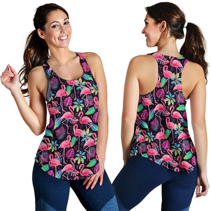 Flamingo Tropical leaves Neon Print Women Racerback Tank Top