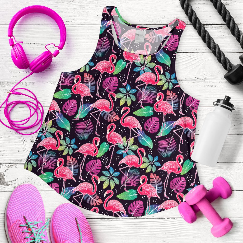 Flamingo Tropical leaves Neon Print Women Racerback Tank Top