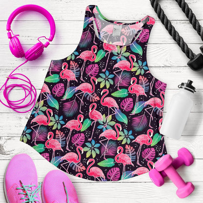 Flamingo Tropical leaves Neon Print Women Racerback Tank Top