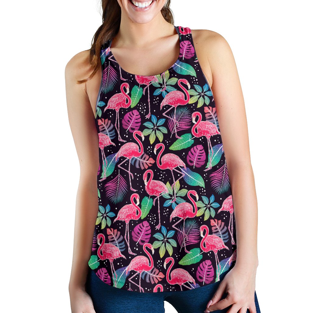 Flamingo Tropical leaves Neon Print Women Racerback Tank Top