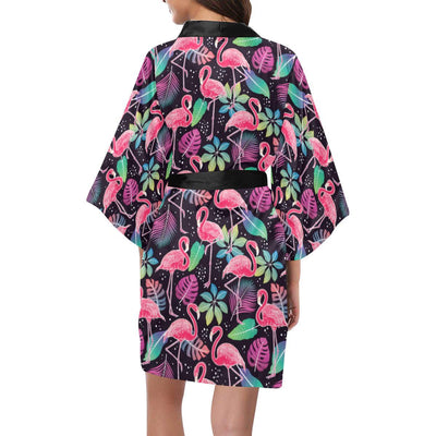 Flamingo Tropical leaves Neon Print Women Short Kimono Robe