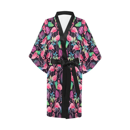 Flamingo Tropical leaves Neon Print Women Short Kimono Robe