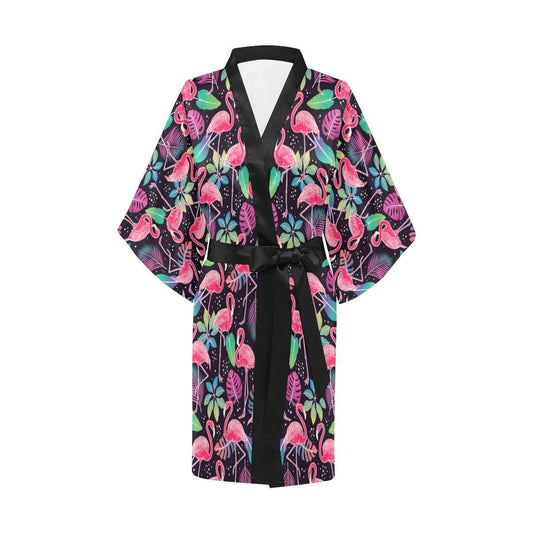 Flamingo Tropical leaves Neon Print Women Short Kimono Robe