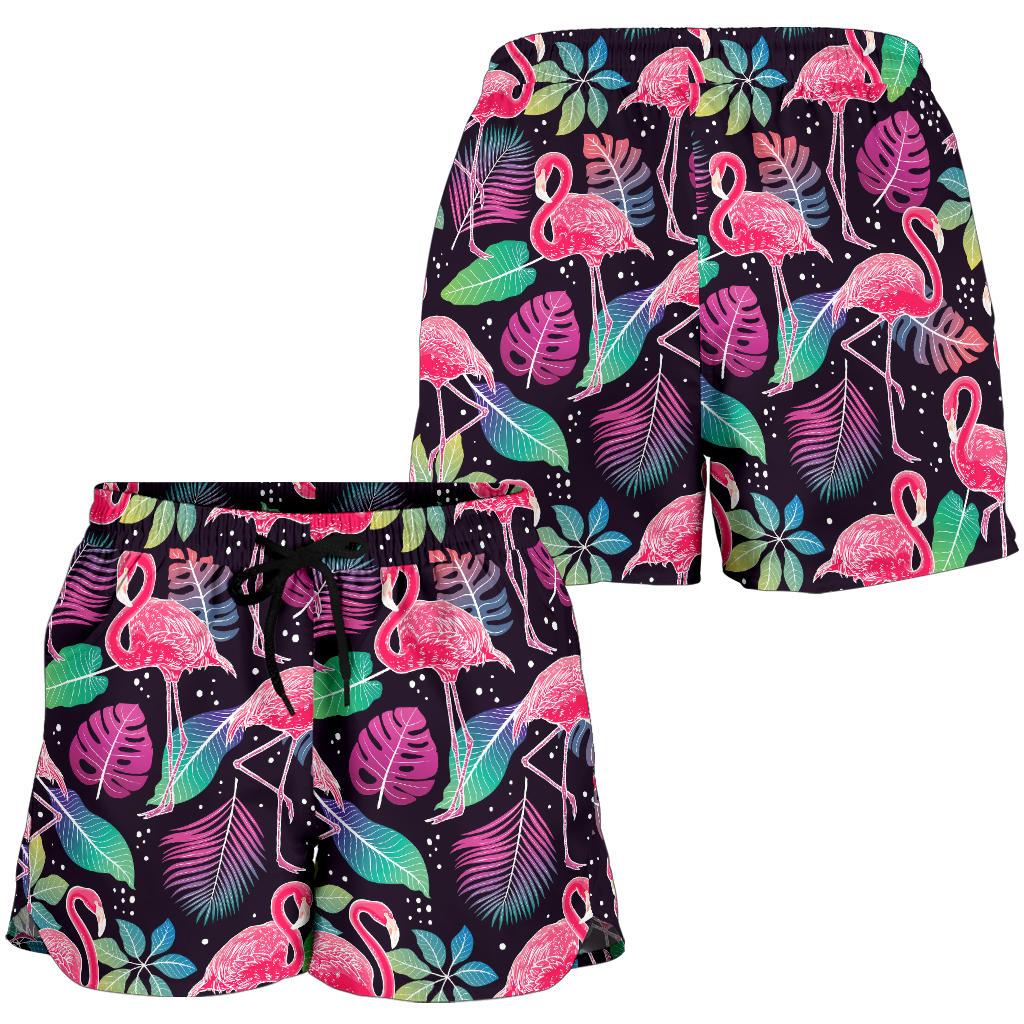 Flamingo Tropical leaves Neon Print Women Shorts-JTAMIGO.COM