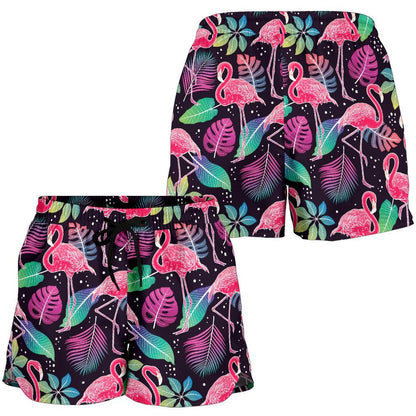 Flamingo Tropical leaves Neon Print Women Shorts-JTAMIGO.COM
