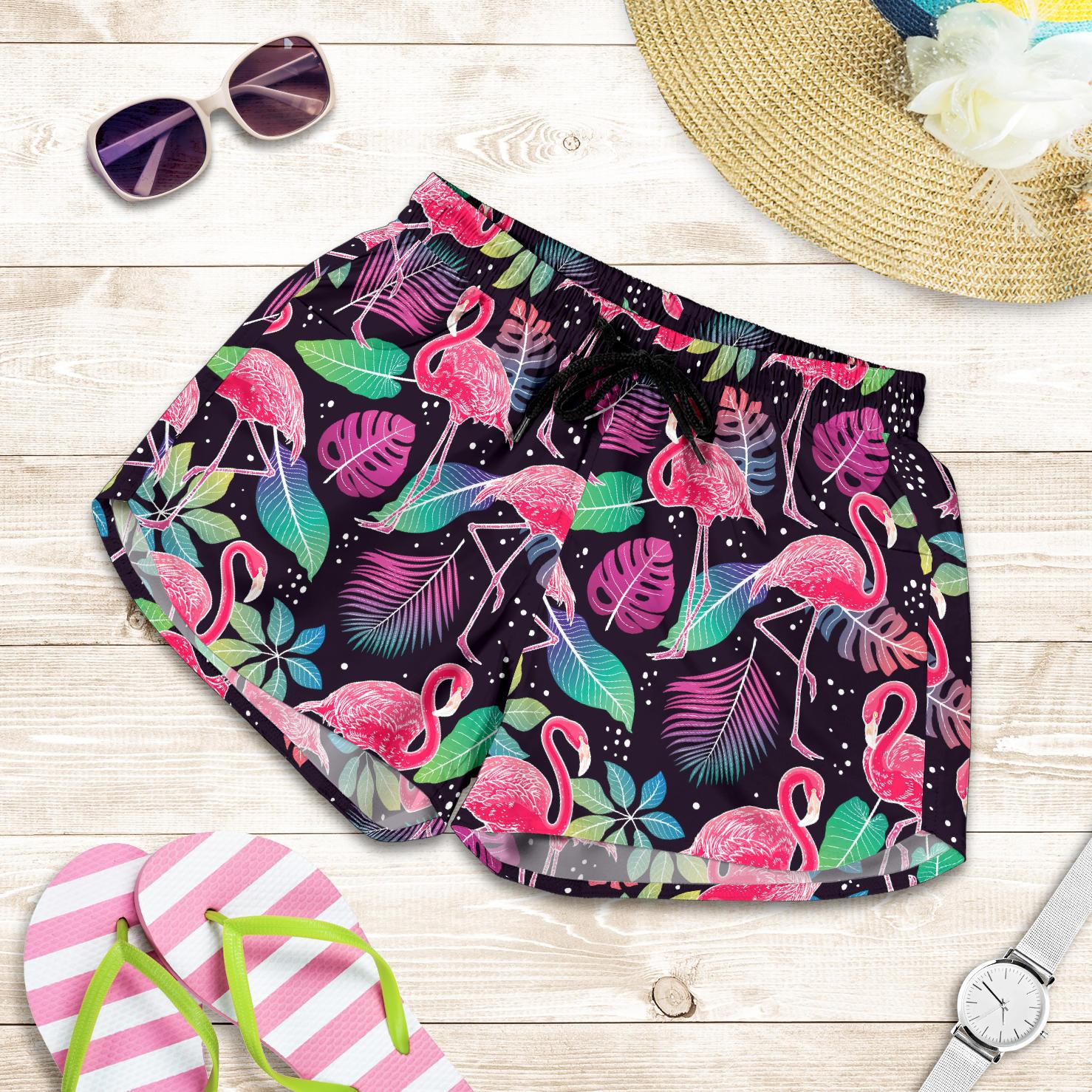 Flamingo Tropical leaves Neon Print Women Shorts-JTAMIGO.COM